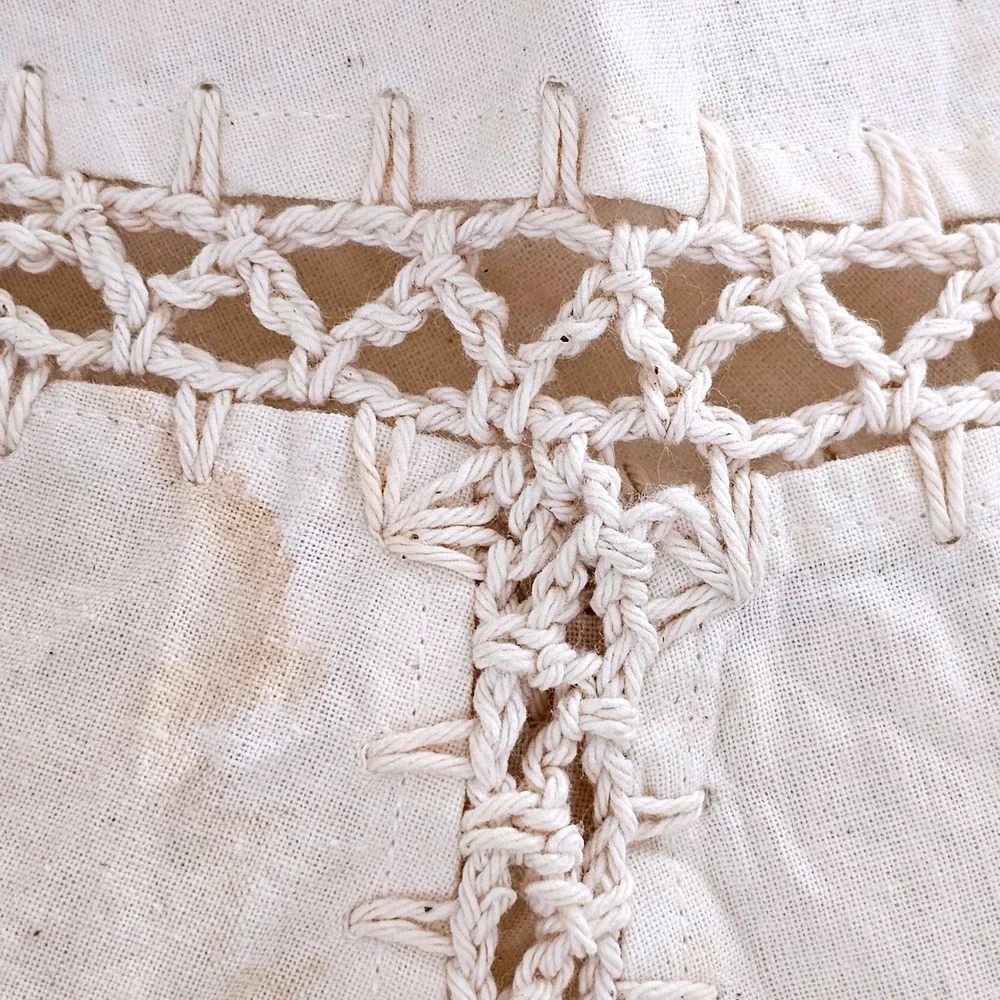 Vintage Embroidered Fruit Round Tablecloth and 6 Napkins Set Crochet Lace Trim